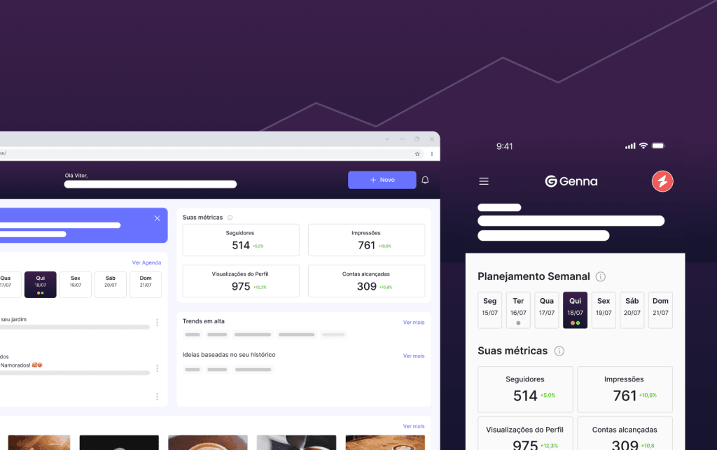 Marketing gerido por dados, sem segredos
Acompanhamento de métricas oficiais do Instagram.
Ajuste automático do planejamento e dos conteúdos de acordo com os resultados.
Seu marketing sempre alinhado ao que realmente funciona.