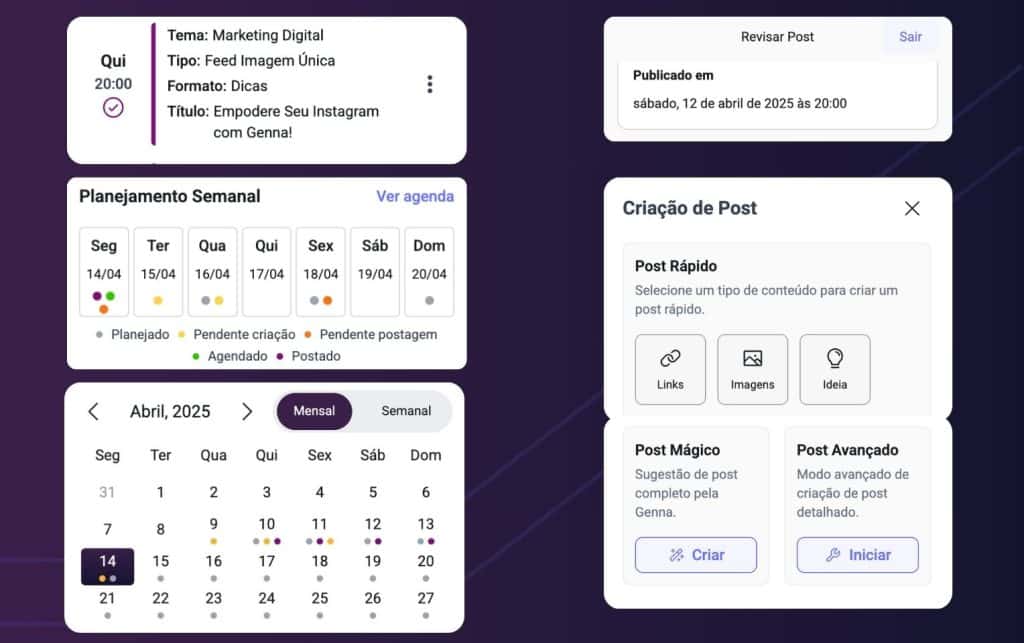 Agenda inteligente Seu planejamento é gerado automaticamente com melhores dias e horários para postar. Sugerimos seus formatos de postagens, temas relevantes e muito mais. Você produz conteúdos com consistência para aumentar, reter e engajar o seu público alvo.